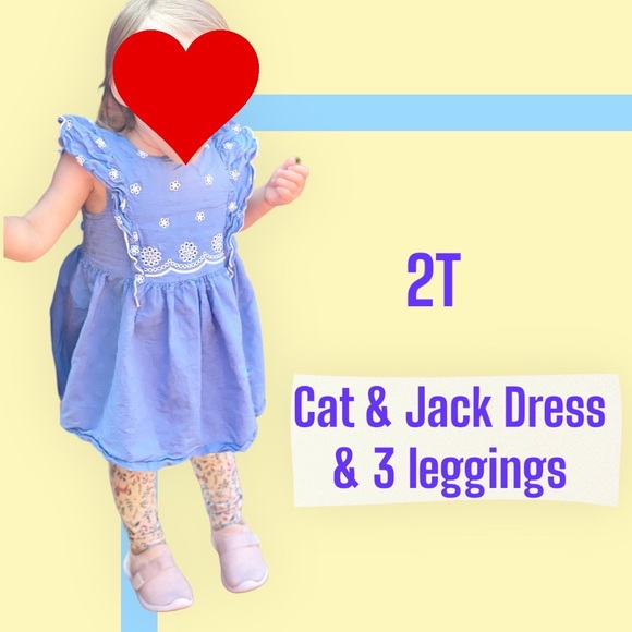 Cat & Jack All Cotton Blue Dress & 3 Pairs Leggings - Picture 1 of 6
